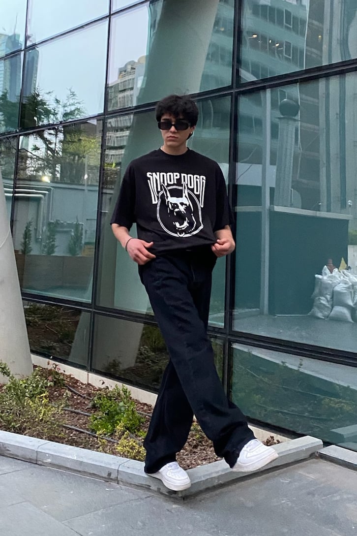 Wild Snoop Dogg Baskılı Siyah Oversize Tshirt