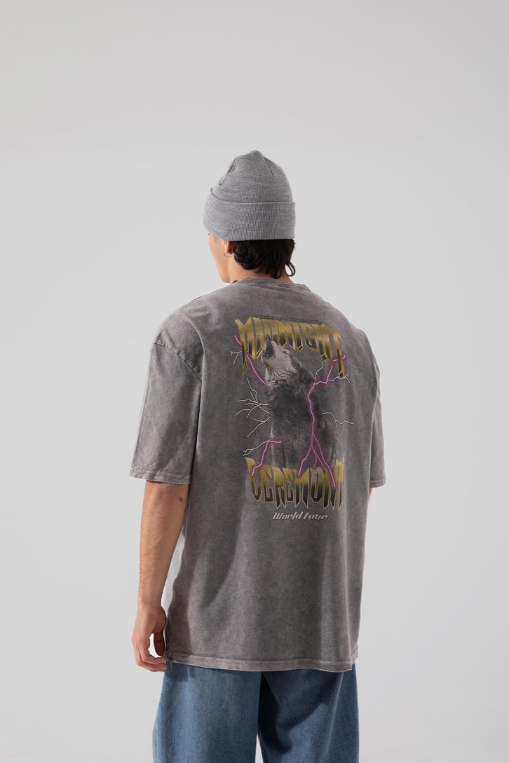 Wolf Baskılı Acid Wash Oversize Tişört