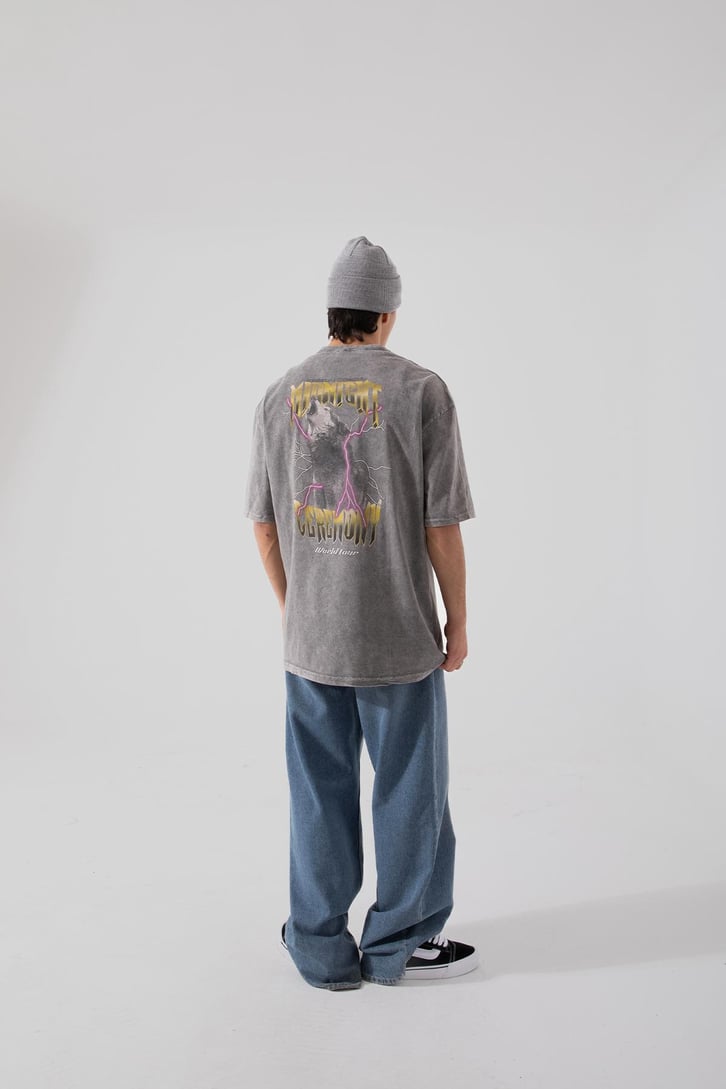 Wolf Baskılı Acid Wash Oversize Tişört
