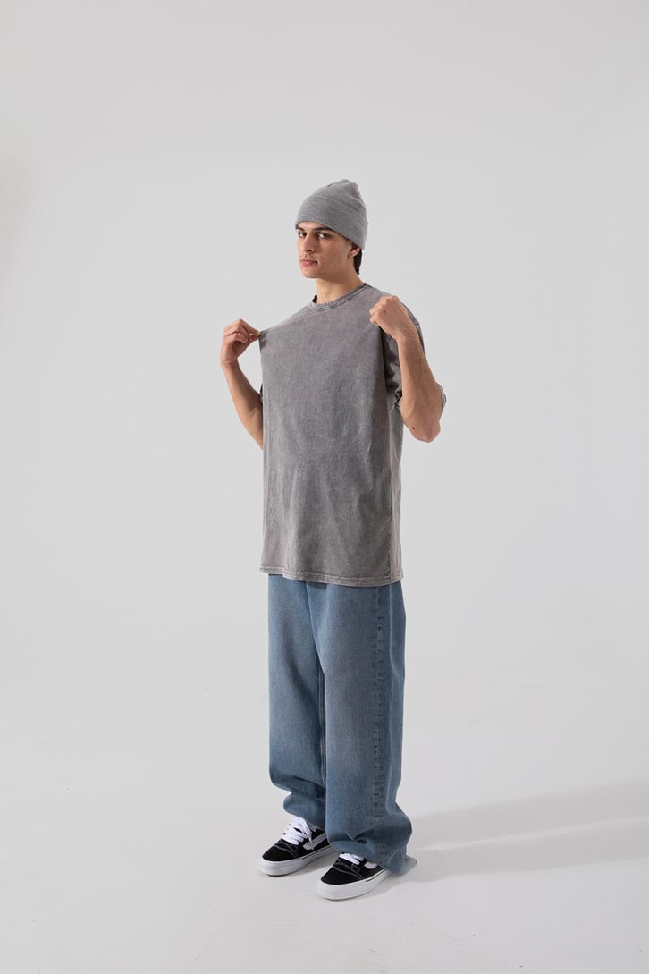 Wolf Baskılı Acid Wash Oversize Tişört