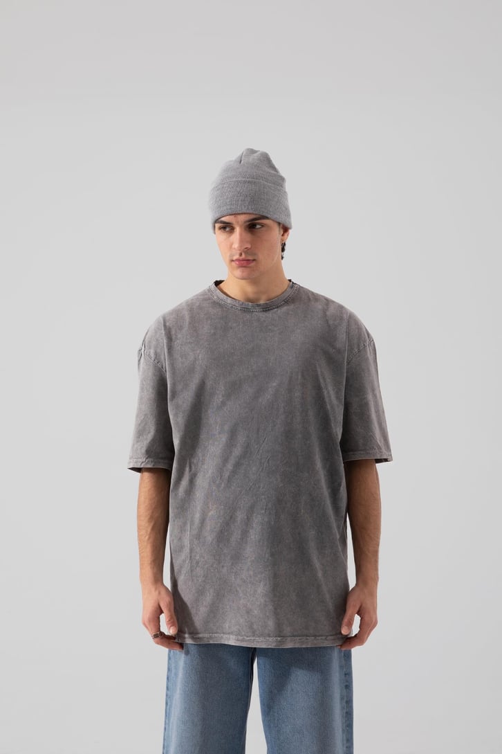 Wolf Baskılı Acid Wash Oversize Tişört
