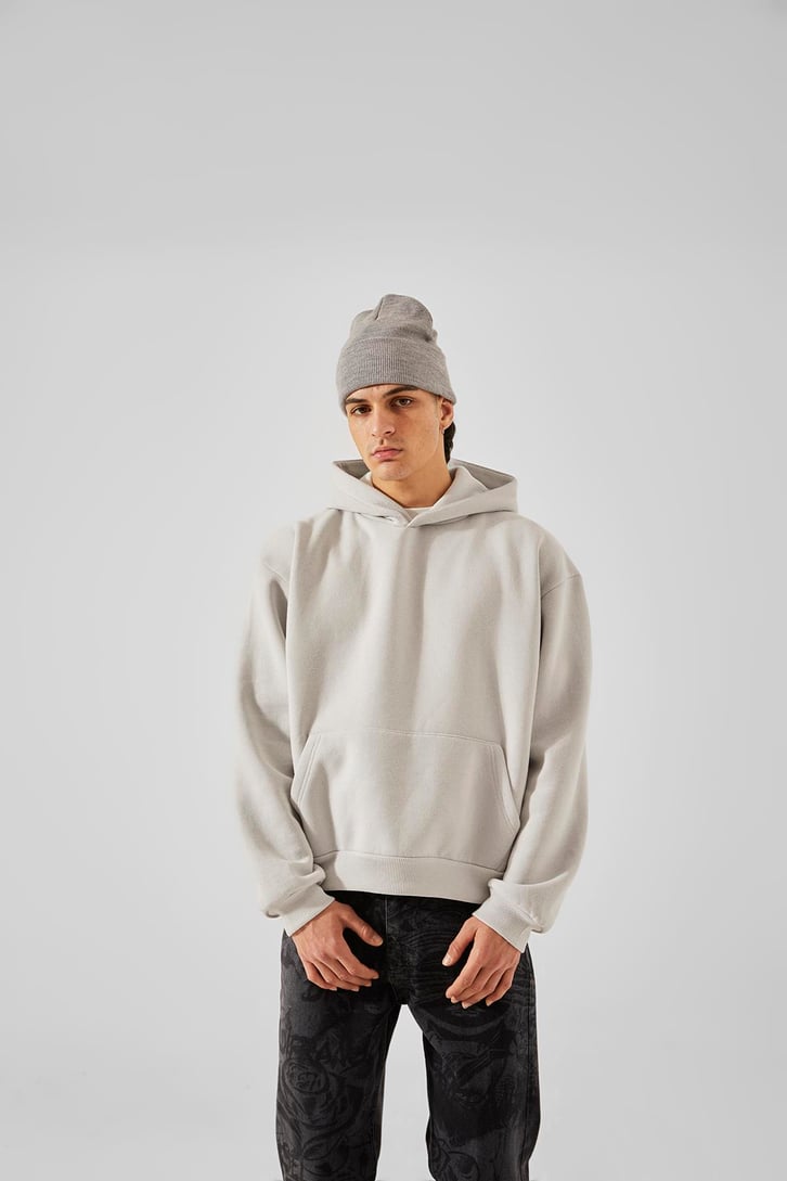 World Wide Kabartma Baskılı Buz Gri Oversize Hoodie
