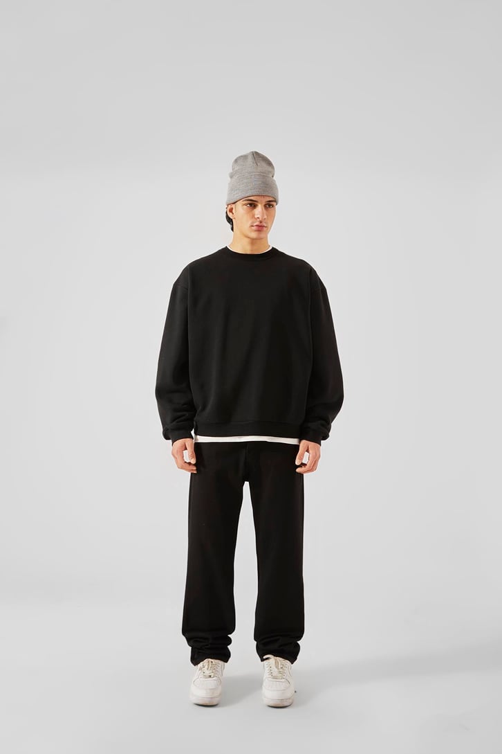 World Wıde Kabartma Baskılı Siyah Oversize Sweatshirt