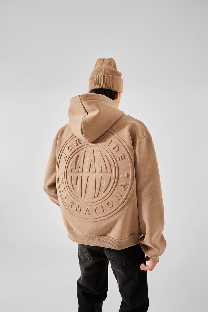 World Wide Kabartma Baskılı Vizon Oversize Hoodie