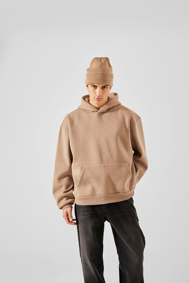 World Wide Kabartma Baskılı Vizon Oversize Hoodie