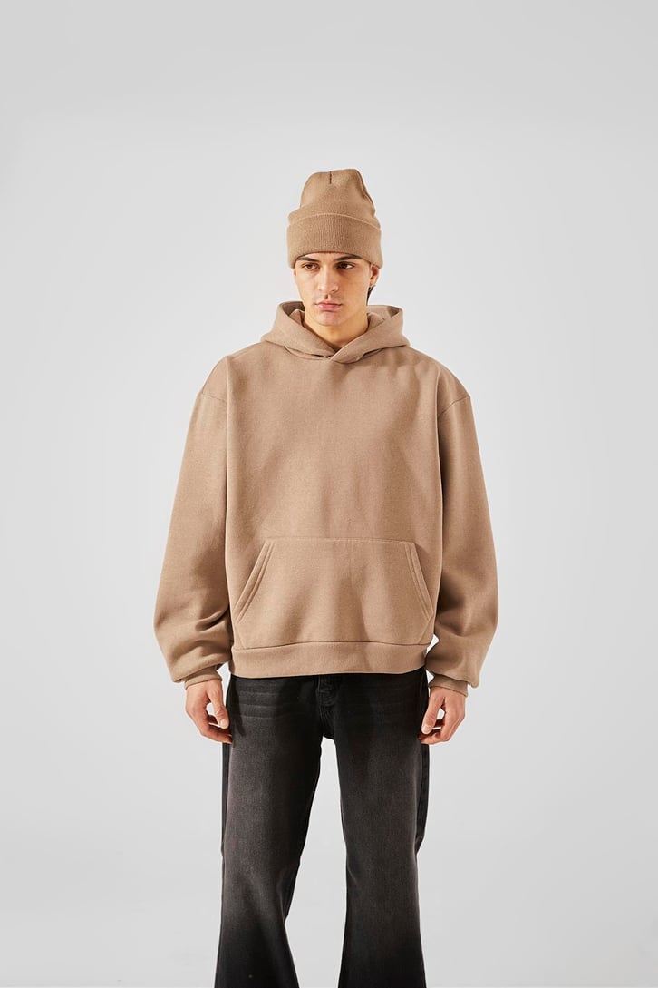 World Wide Kabartma Baskılı Vizon Oversize Hoodie