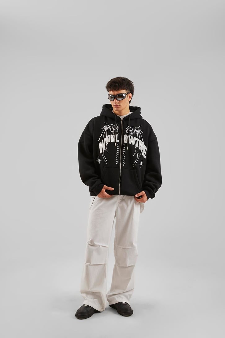 Worldwide Baskılı Gri Melanj Zip Hoodie
