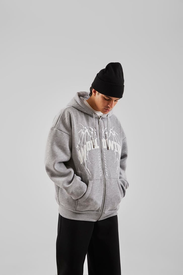 Worldwide Baskılı Gri Melanj Zip Hoodie