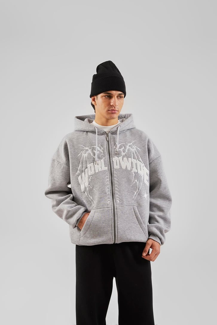 Worldwide Baskılı Gri Melanj Zip Hoodie