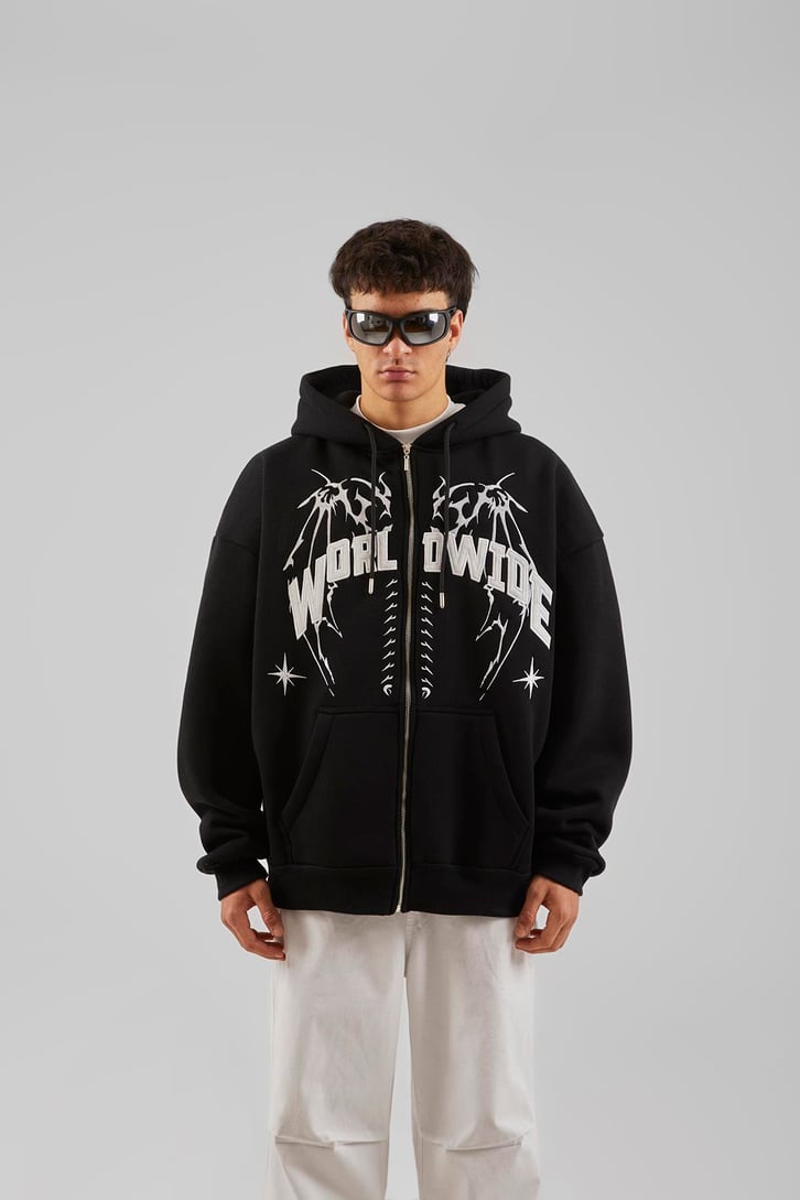 Worldwide Baskılı Gri Melanj Zip Hoodie