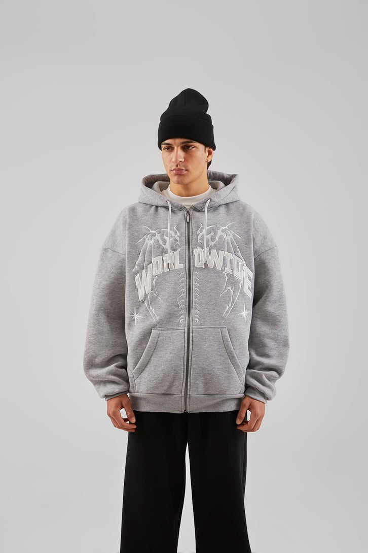 Worldwide Baskılı Gri Melanj Zip Hoodie