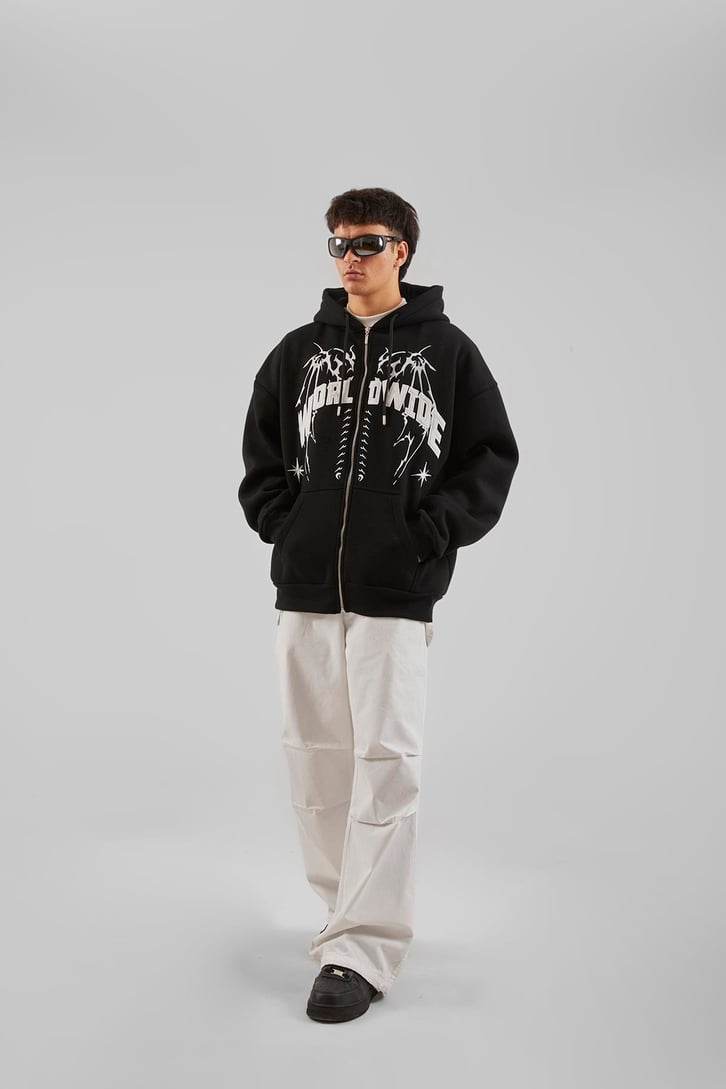 Worldwide Baskılı Gri Melanj Zip Hoodie