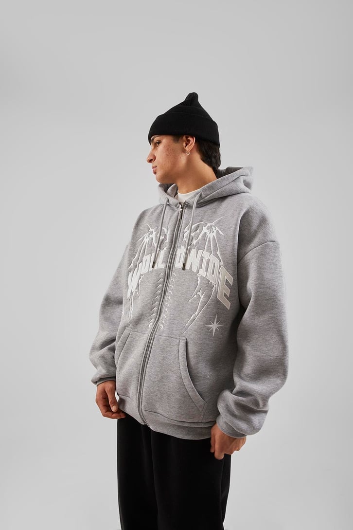 Worldwide Baskılı Gri Melanj Zip Hoodie