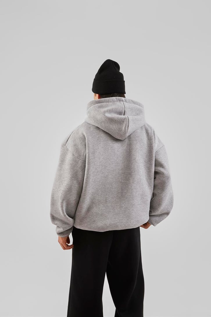 Worldwide Baskılı Gri Melanj Zip Hoodie