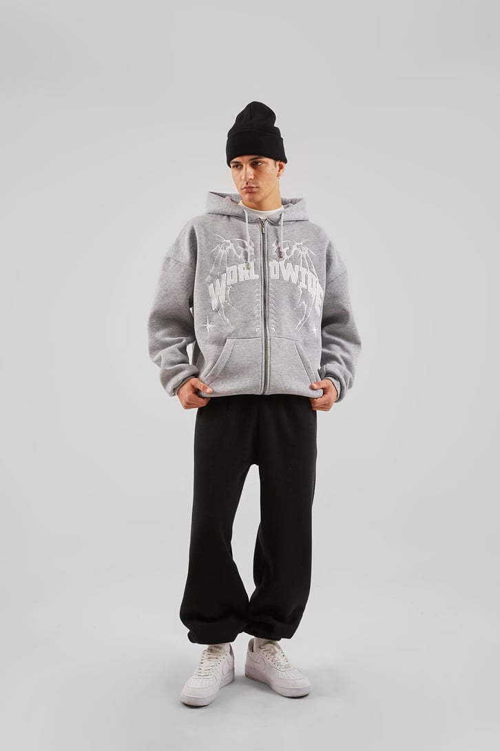 Worldwide Baskılı Gri Melanj Zip Hoodie