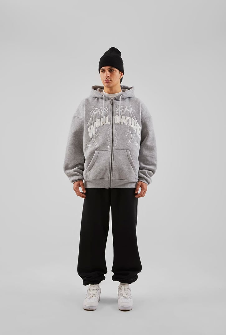 Worldwide Baskılı Gri Melanj Zip Hoodie