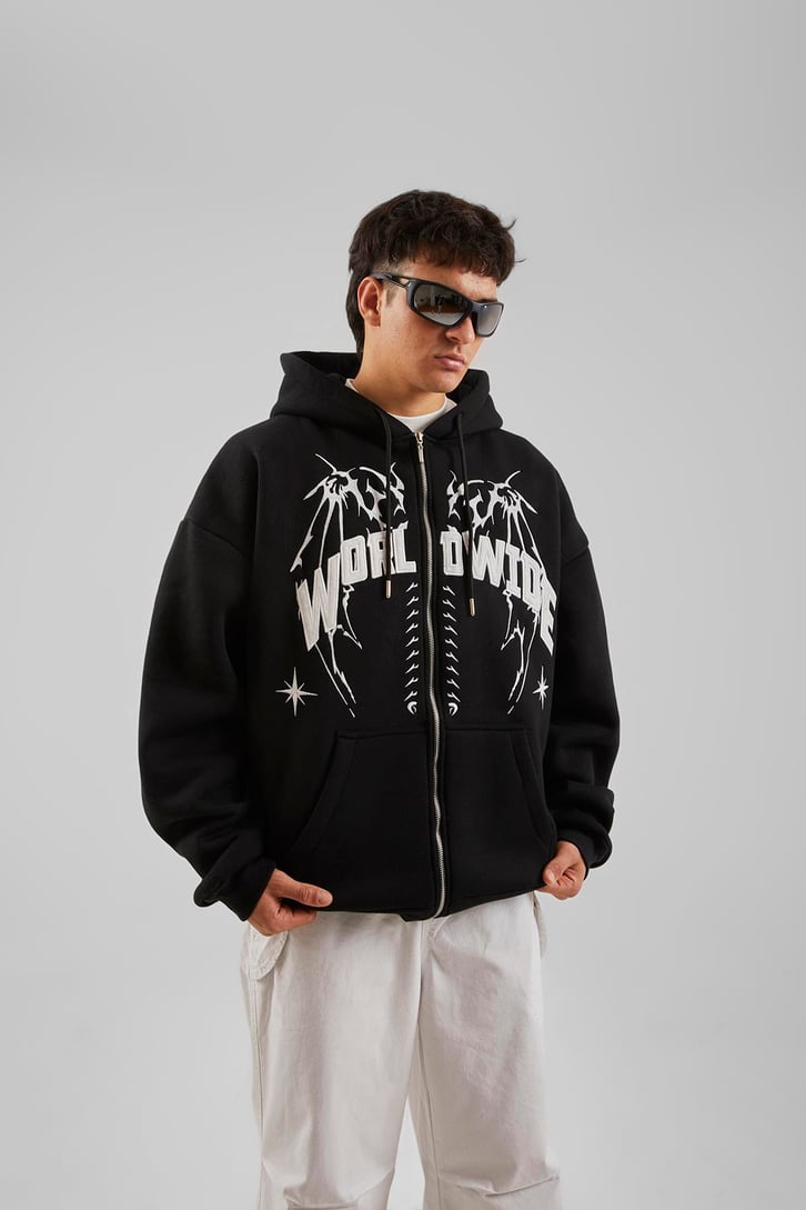 Worldwide Baskılı Gri Melanj Zip Hoodie