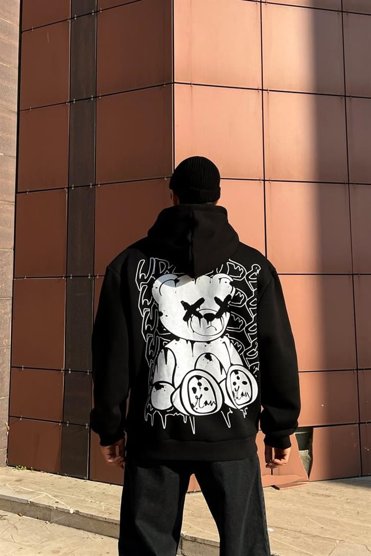 Worldwide Bear Sırt Baskılı Siyah Hoodie