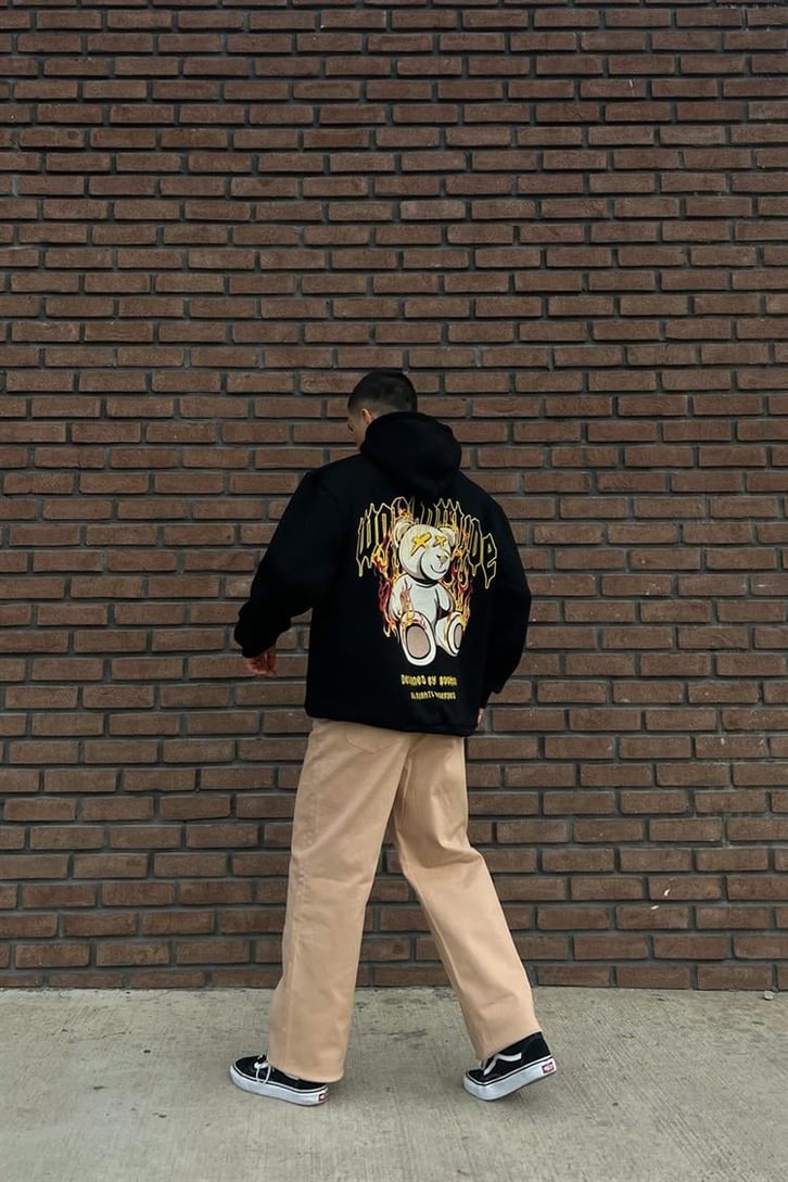 Worldwide Bear Sırt Baskılı Siyah İçi Pamuklu Oversize Hoodie