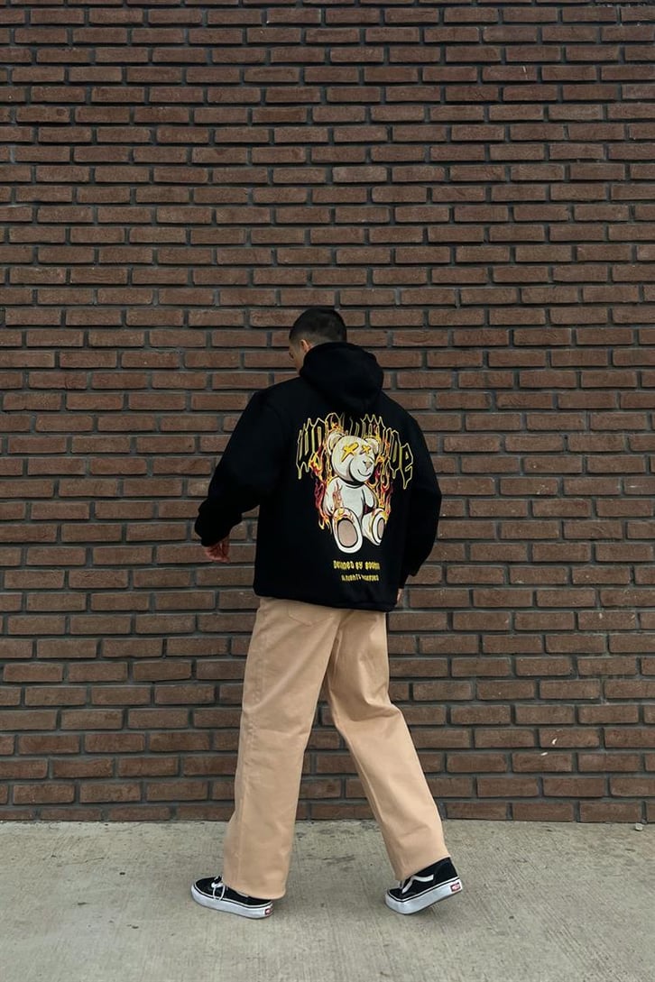 Worldwide Bear Sırt Baskılı Siyah İçi Pamuklu Oversize Hoodie