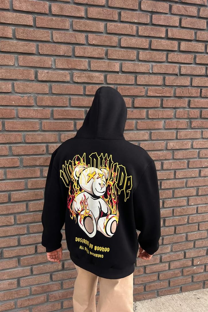 Worldwide Bear Sırt Baskılı Siyah İçi Pamuklu Oversize Hoodie