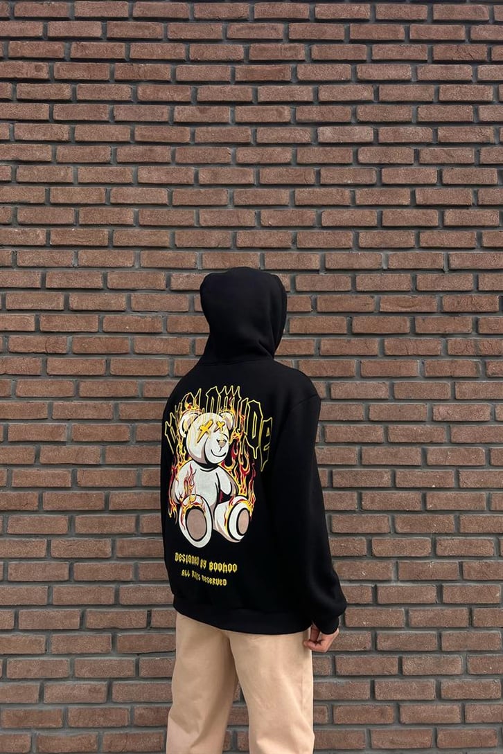 Worldwide Bear Sırt Baskılı Siyah İçi Pamuklu Oversize Hoodie
