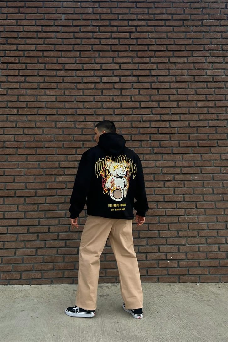 Worldwide Bear Sırt Baskılı Siyah İçi Pamuklu Oversize Hoodie