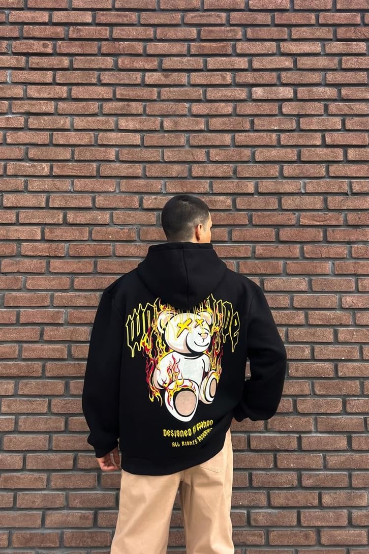 Worldwide Bear Sırt Baskılı Siyah İçi Pamuklu Oversize Hoodie