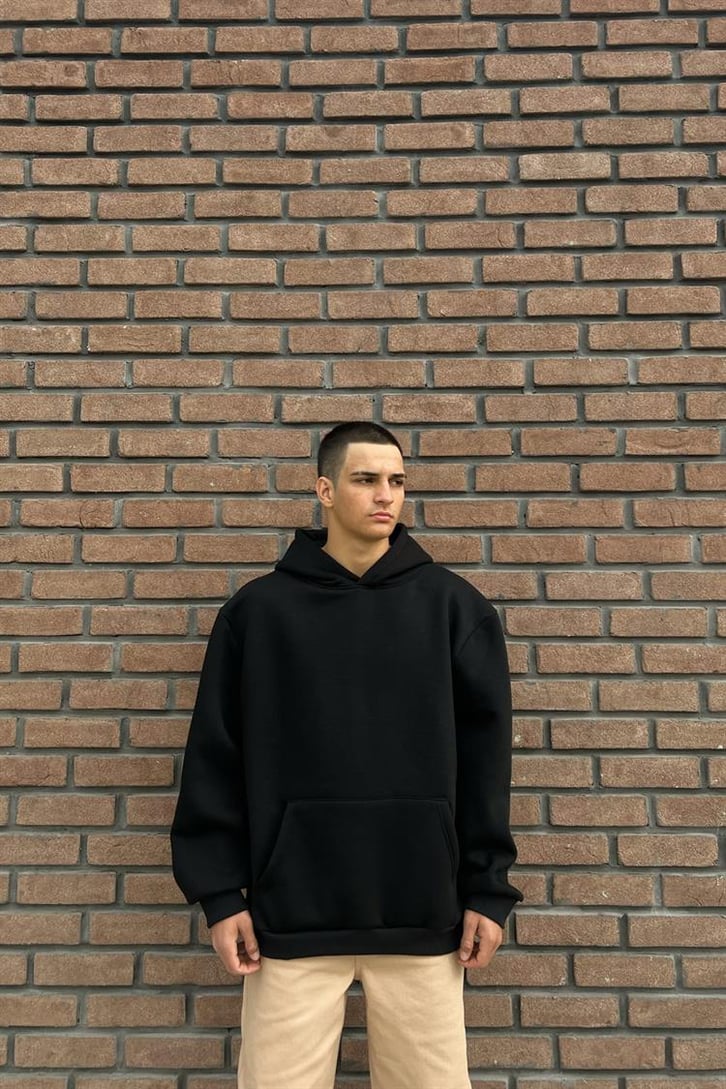 Worldwide Bear Sırt Baskılı Siyah İçi Pamuklu Oversize Hoodie