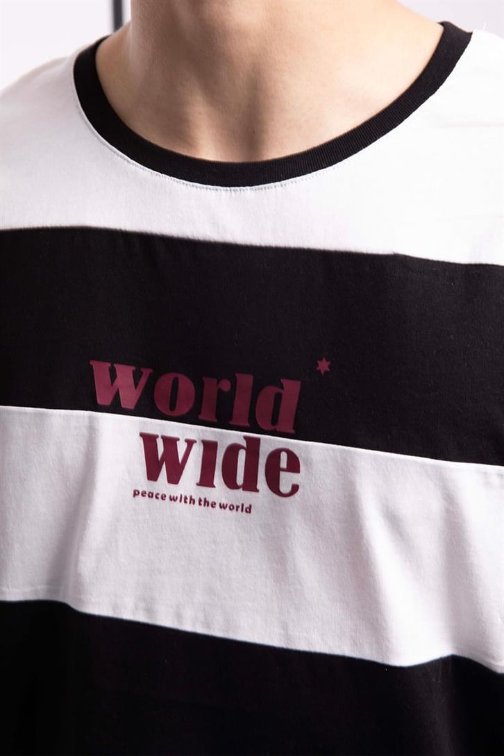 Worldwide Çizgili Siyah Oversize Tişört