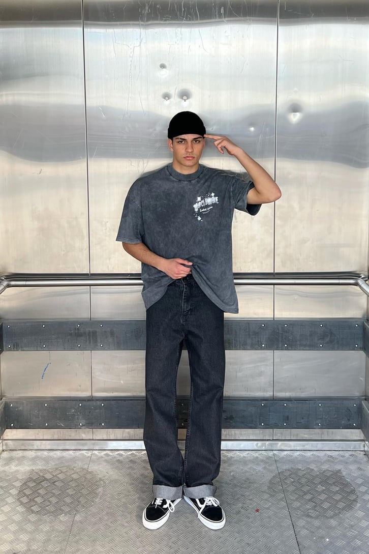 Worldwide Sırt Baskılı Acid Wash Oversize Tshirt