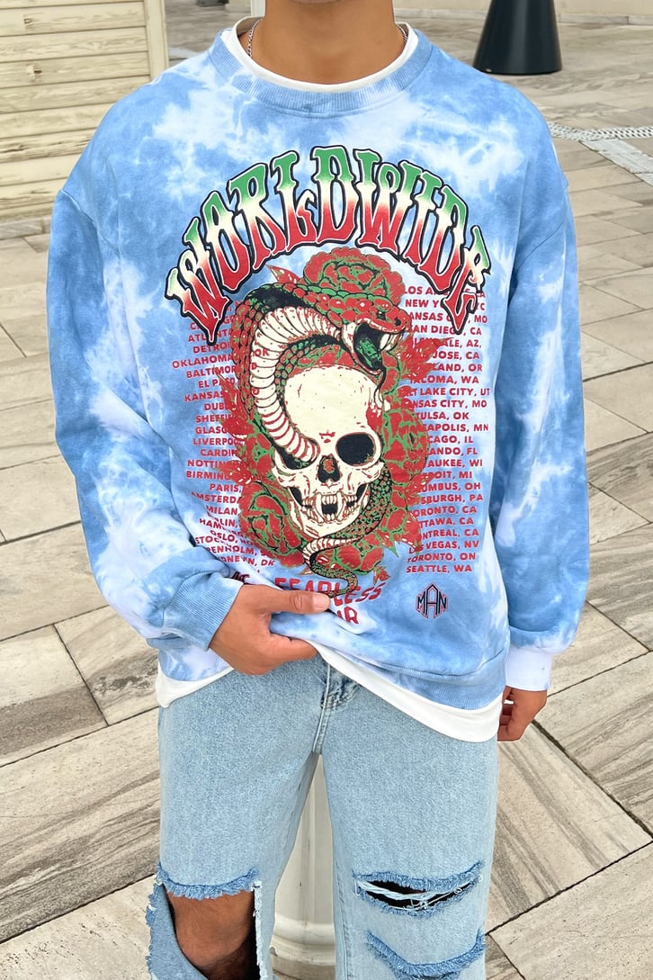 Worldwide Skull Baskılı Batik Desen Oversize Sweatshirt