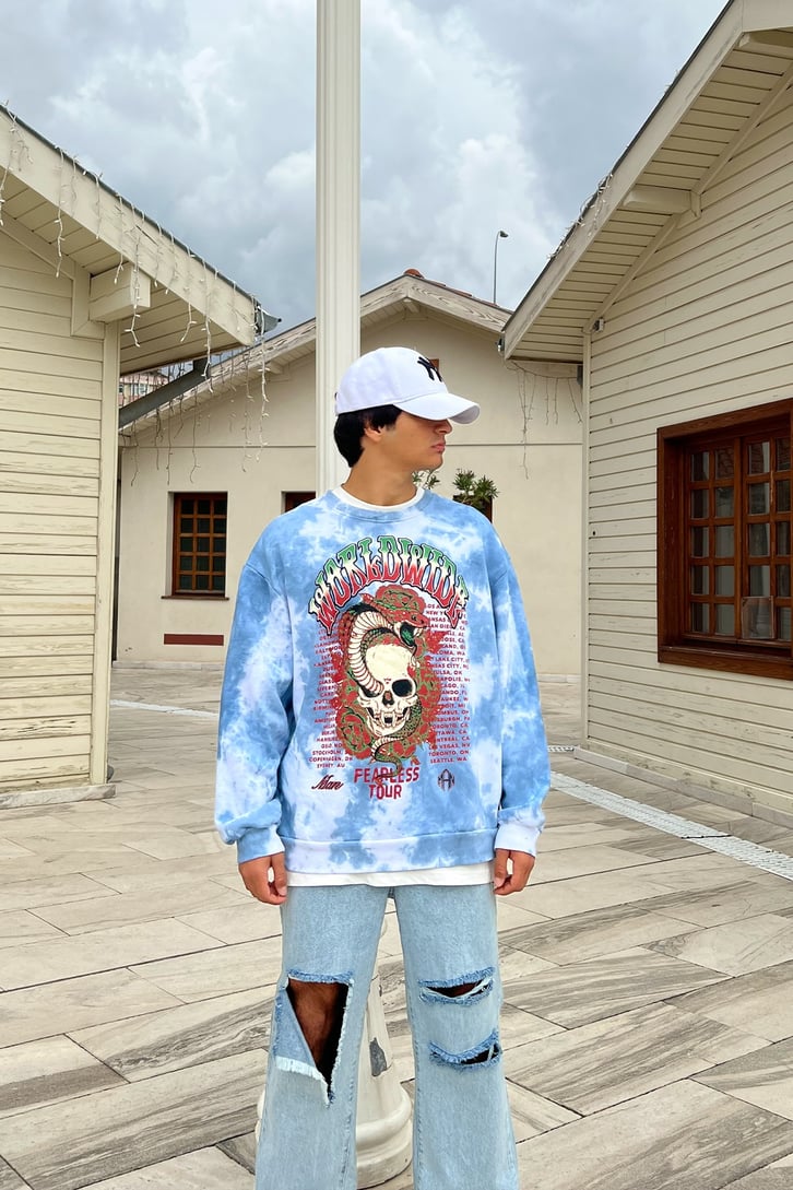 Worldwide Skull Baskılı Batik Desen Oversize Sweatshirt