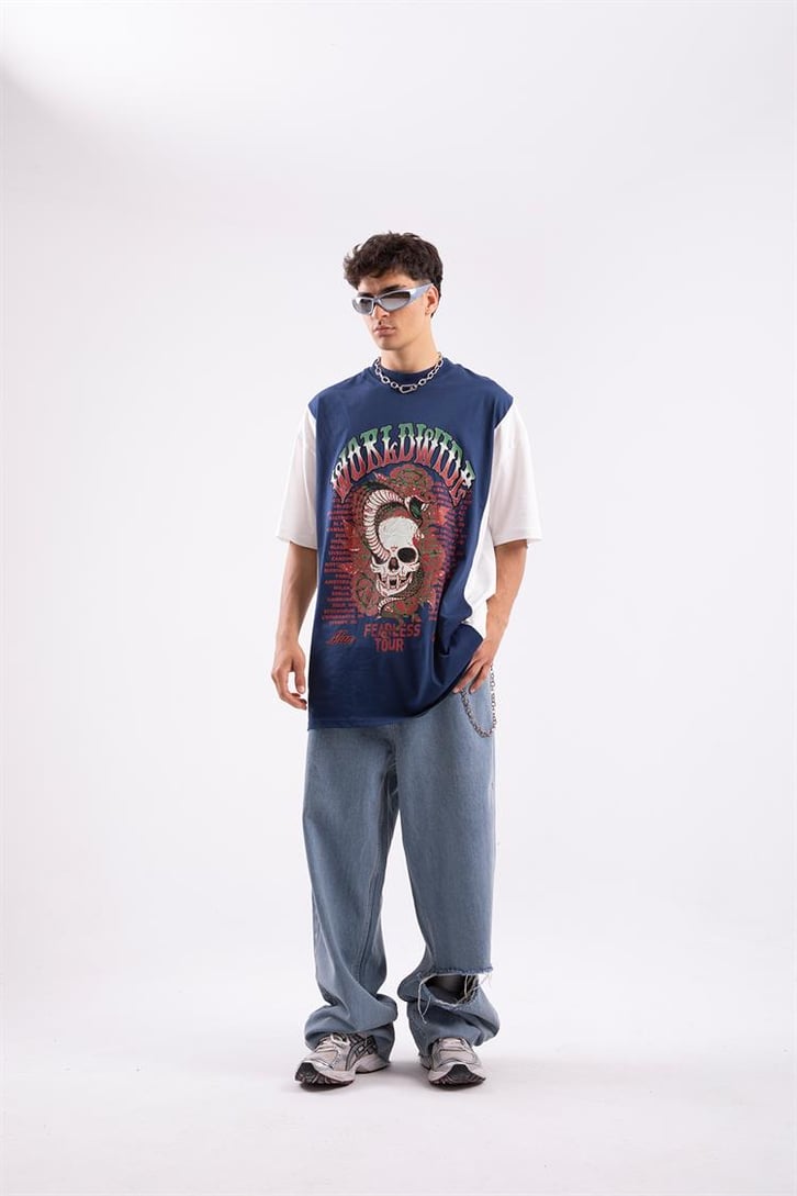 Worlwide Fearless Tour Baskılı Mavi Oversize Tshirt