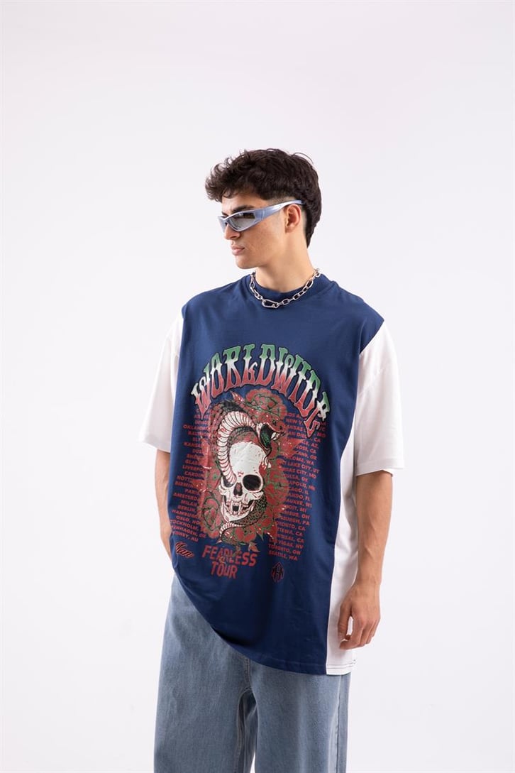 Worlwide Fearless Tour Baskılı Mavi Oversize Tshirt