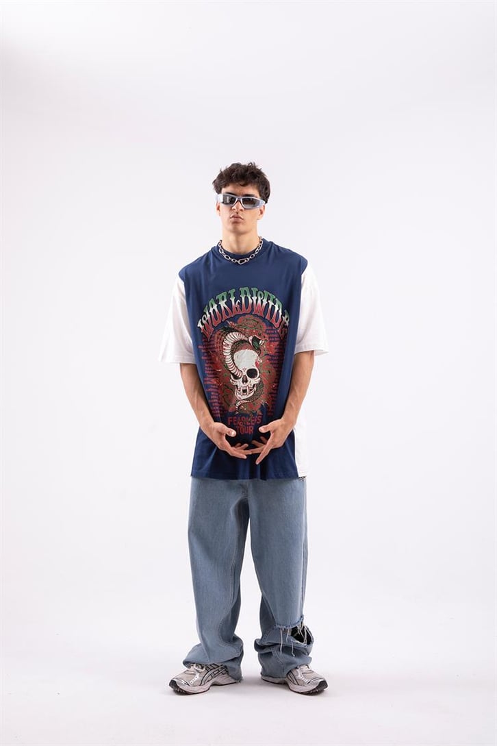 Worlwide Fearless Tour Baskılı Mavi Oversize Tshirt