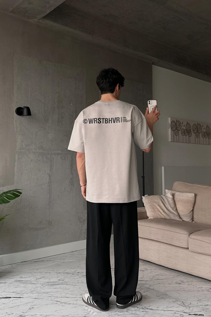 WRST Baskılı Gri Oversize Tişört
