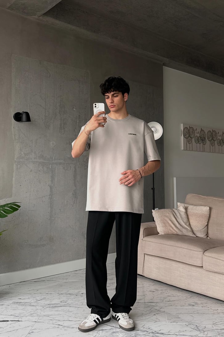 WRST Baskılı Gri Oversize Tişört