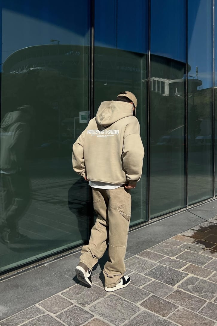 WRST Baskılı Taş Rengi Oversize Hoodie