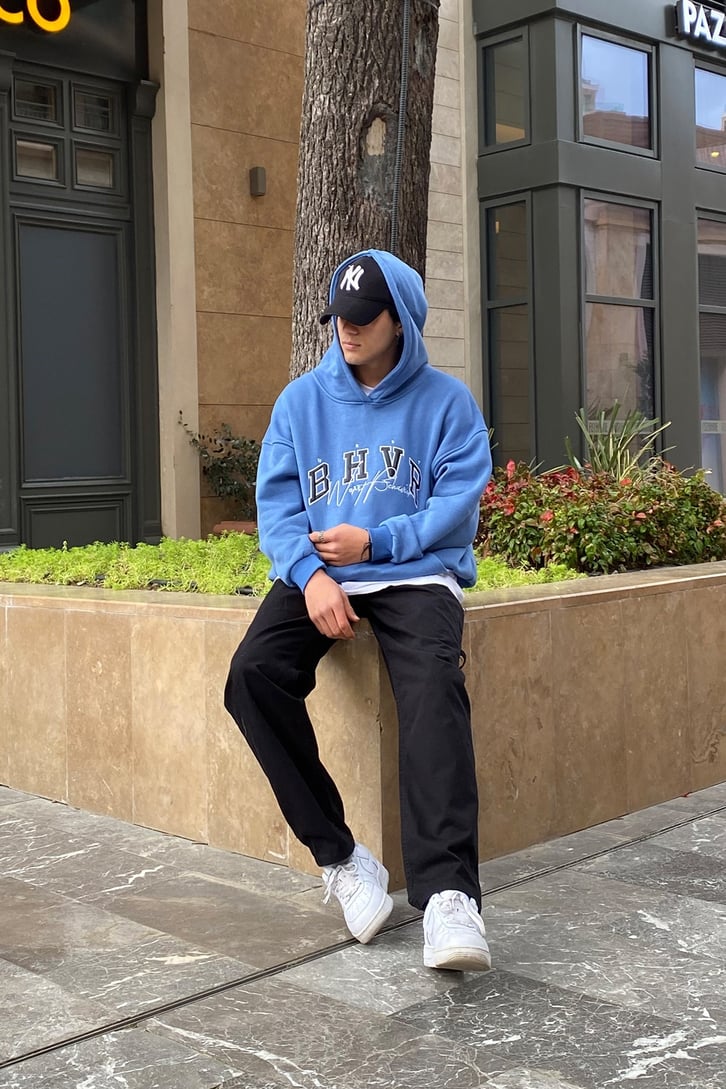 Wrst Bhvr Sky Blue Oversize Premium Hoodie
