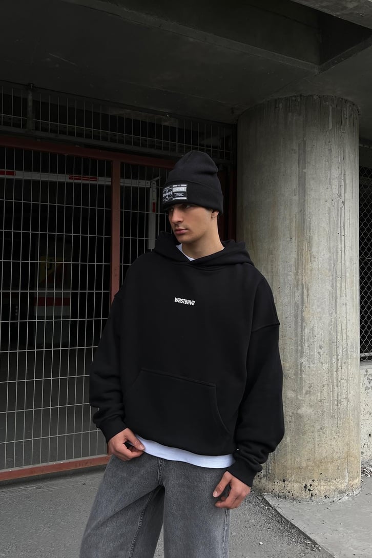 WRSTBHVR Baskılı Siyah Oversize Hoodie