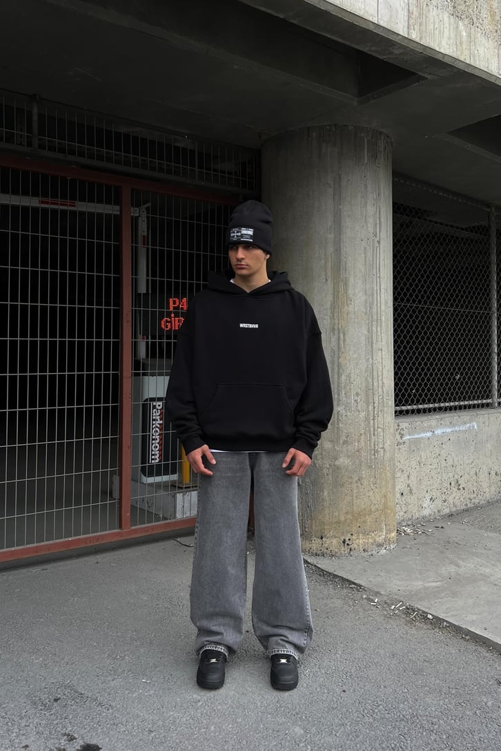 WRSTBHVR Baskılı Siyah Oversize Hoodie