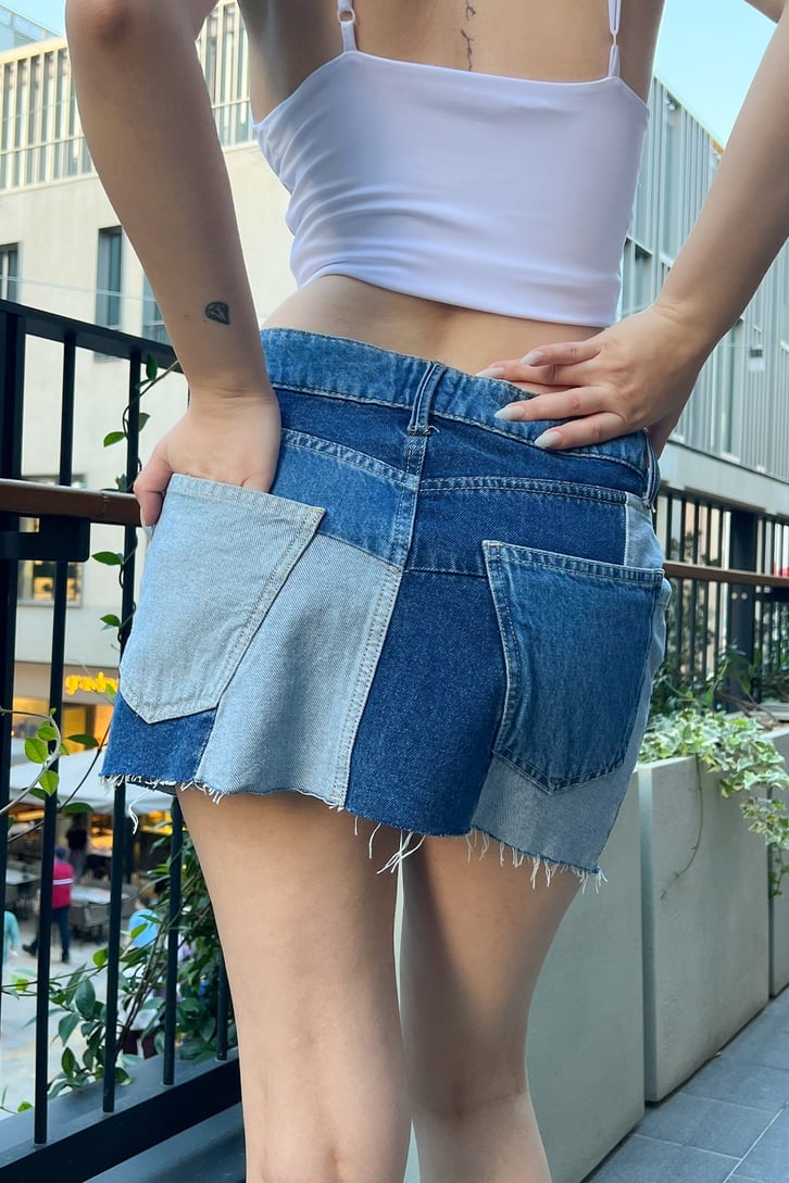 Yamalı Mavi Mini Kot Etek