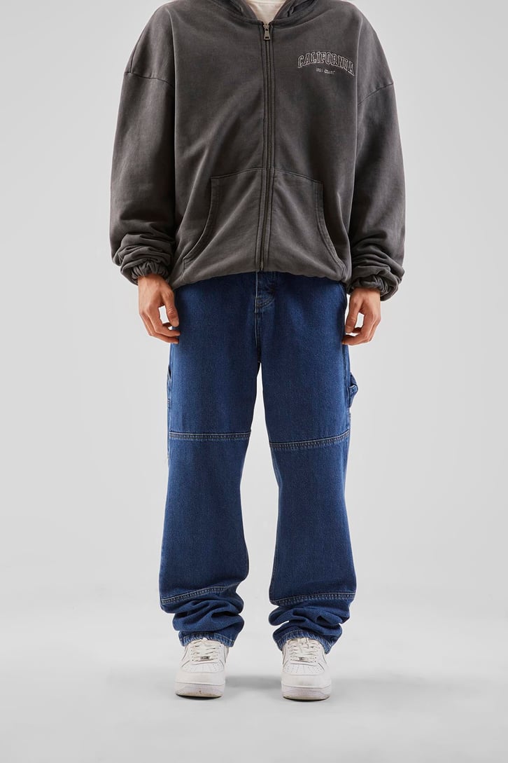 Yan Cepli Koyu Mavi Baggy Jean