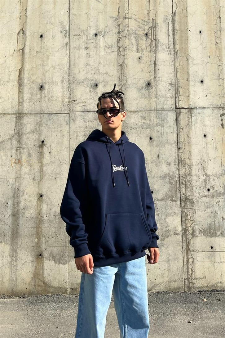 Yankess Baskılı Lacivert İçi Pamuklu Oversize Hoodie