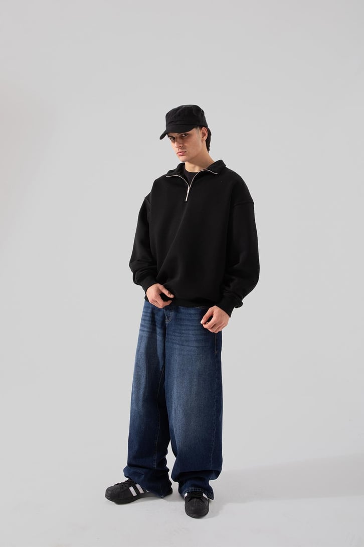 Yarım Fermuar Siyah Oversize Sweatshırt