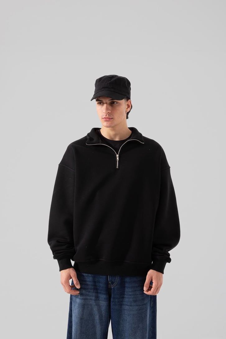 Yarım Fermuar Siyah Oversize Sweatshırt