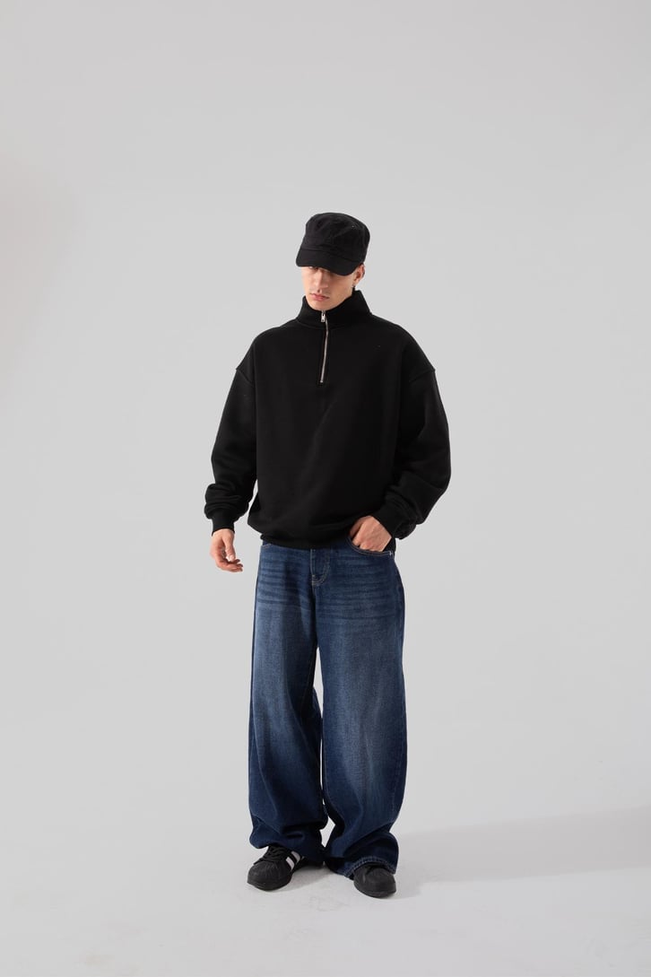 Yarım Fermuar Siyah Oversize Sweatshırt