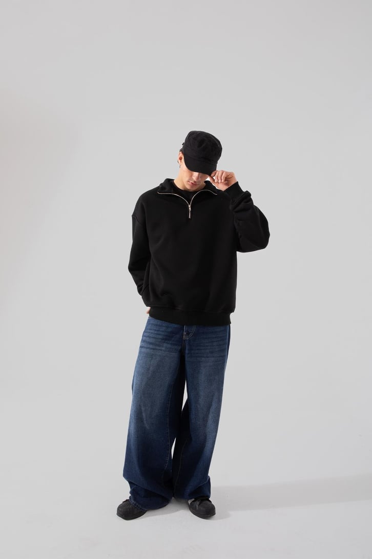 Yarım Fermuar Siyah Oversize Sweatshırt