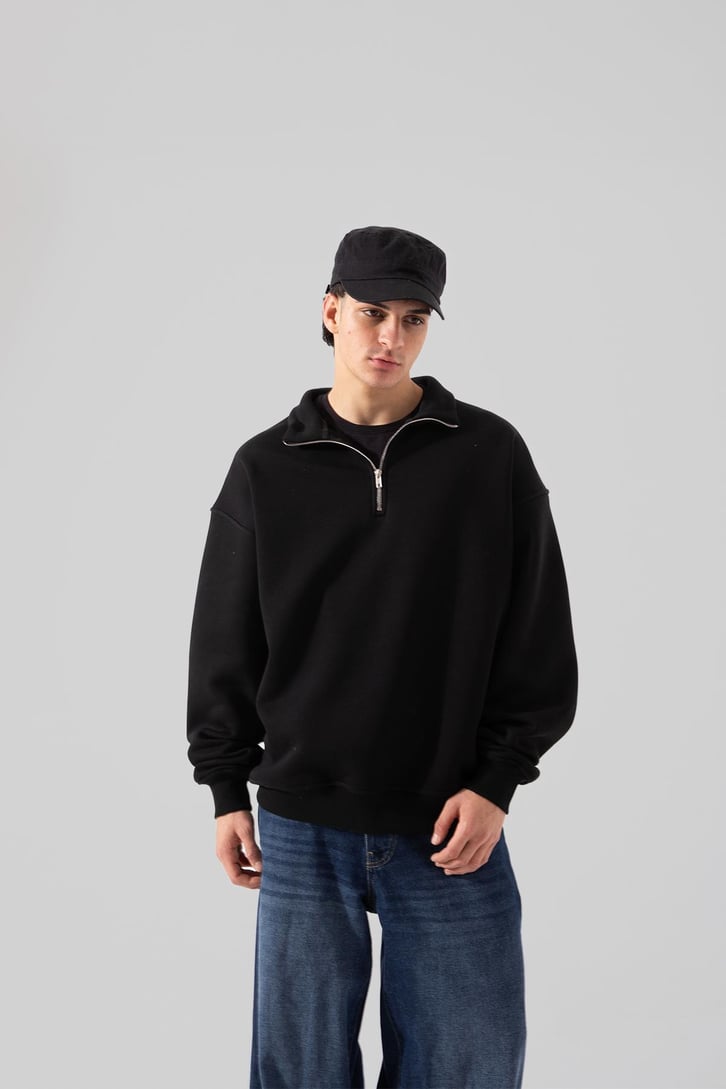 Yarım Fermuar Siyah Oversize Sweatshırt